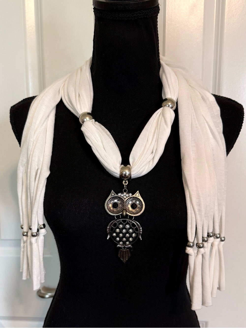 White Owl Pendant Tassel Fringe Wrap Scarf Necklace Accessories 64” long Soft